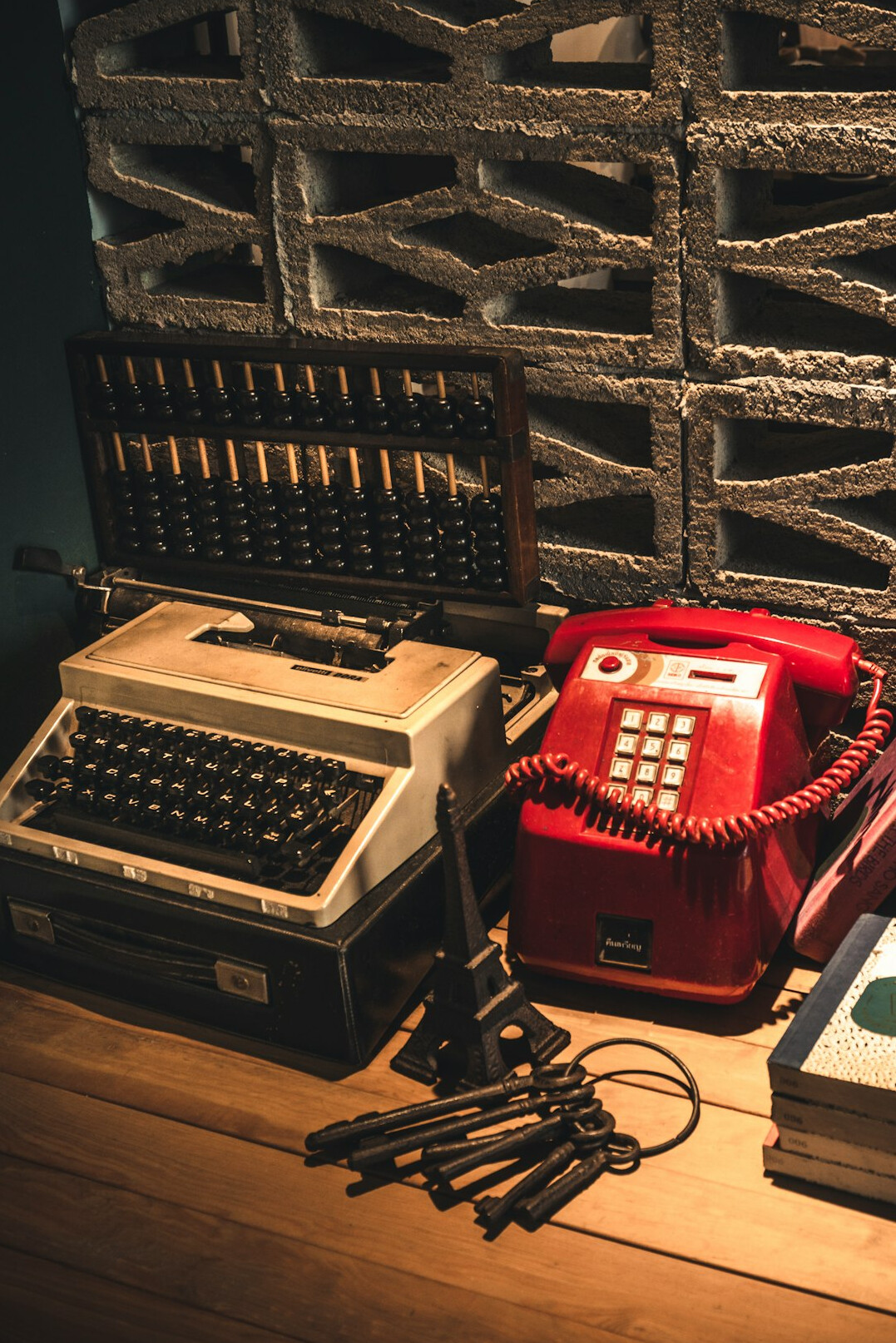 Vintage office desk with telephone and notebook